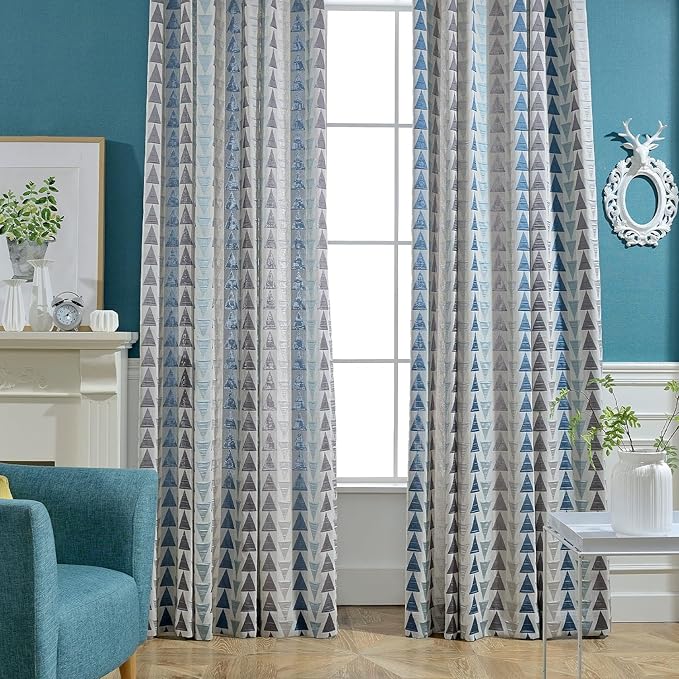 Leeva 2 Pieces Jacquard Curtain Panels for Sliding Door, Modern Geometric Triangle Privacy Window Treatment Drapes for Living Room, Blue Triangles, 52 x 96, Grommet
