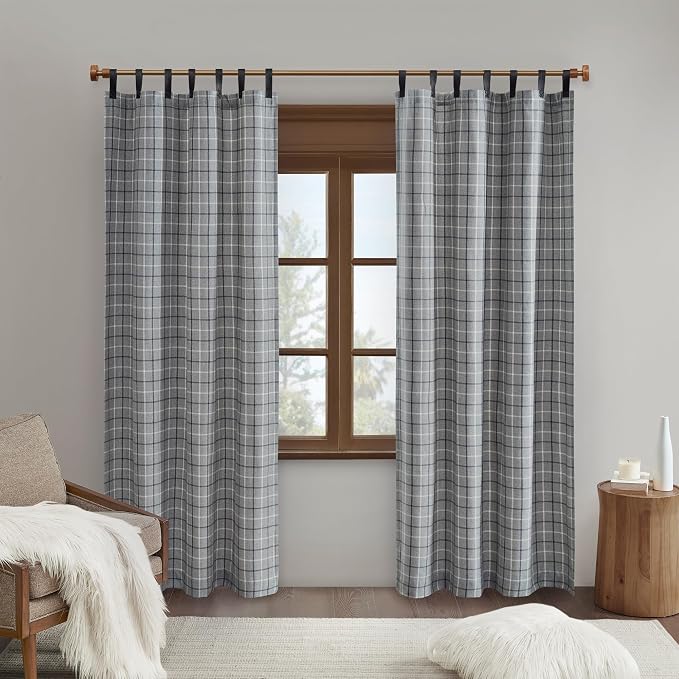 Madison Park Anaheim Cabin Plaid Curtain Window, Thermal Insulated Fleece Lining, Living Room Decor Room Darkening Drape for Bedroom, 1-Single Panel Pack, 50x84 Faux Leather Tab Top, Grey
