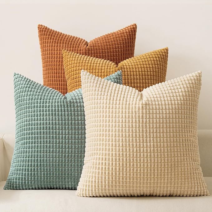 MIULEE Boho Decorative Pillow Covers 16x16 Inch Set of 4 Orange/Teal | Rustic Modern Fall Home Decor Couch Home Decor Couch Throw Pillows Autumn Corduroy Pillowcases for Sofa Living Room Bed
