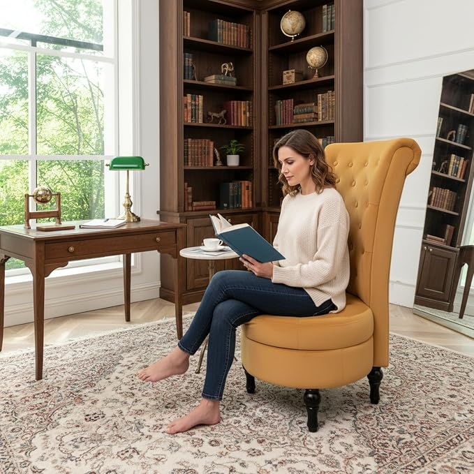 Container Furniture Direct Royal High-Back Velvet Accent Chair for Vanity with Storage and Luxurious Upholstery, Retro Design and Versatile Usage for Livingroom, Bedroom, Lounge and Office, Yellow