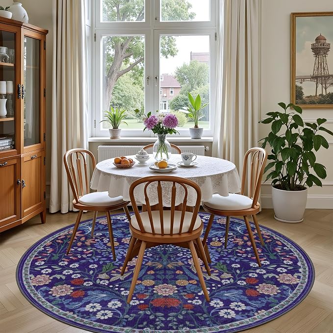 Round Area Rug for Living Room: 4 ft Floral Washable Circle Rug Soft Boho Non-Slip Carpet Indoor Stain Resistant Low Pile Small Circular Rug for Bedroom Entryway Kitchen Nursery Home Office Blue