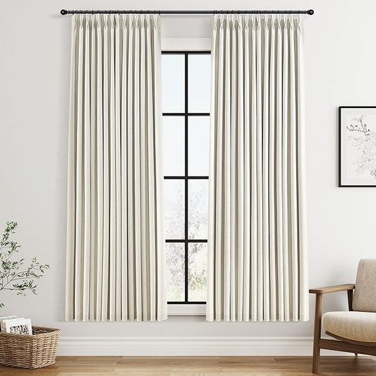 Joywell Pinch Pleat 100% Blackout Linen Curtains 72 Inches Long 2 Panels Set Thermal Insulated Pleated Natural Linen Curtains for Bedroom Living Room Neutral Cream Pleat Drapes with Hooks Rings 40x72