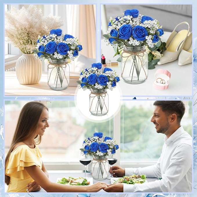 Zeyune 6 Sets Mason Jar Centerpiece Table Decorations, Artificial Peony Baby's Breath Flower Bouquets, Faux Flowers with Vase, Rustic Decor Gifts for Home, Wedding, Holiday (Royal Blue)