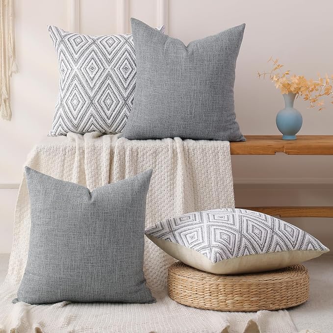 HPUK Throw Pillow Covers 20x20 Inch Set of 4, Linen Decorative Pillow Covers, Accent Cushion Covers for Couch Sofa Bed Bedroom Living Room Décor, Grey