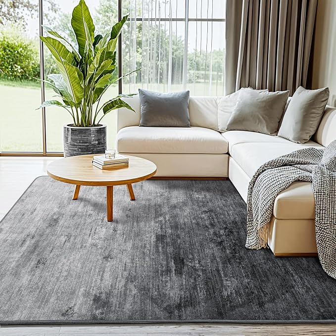 4x6 Washable Area Rug, Gray Solid Area Rugs for Living Room & Bedroom | Stain-resistant & Non-slip backing,Low Pile Washable Large Carpet, Solid Vintage Style For High Traffic Areas(4x6,Gray)