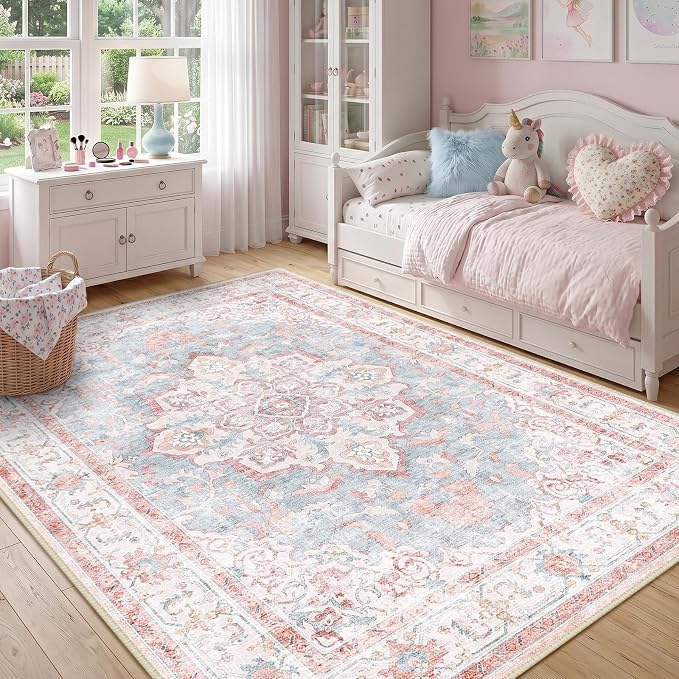 CAPALOCA Machine Washable Rugs Nursery Rug 7x9 Cute Girl Non Slip Low Pile Water Repellent Soft Print Pattern for Bedroom Indoor Decor Kids Playroom Pink Blue