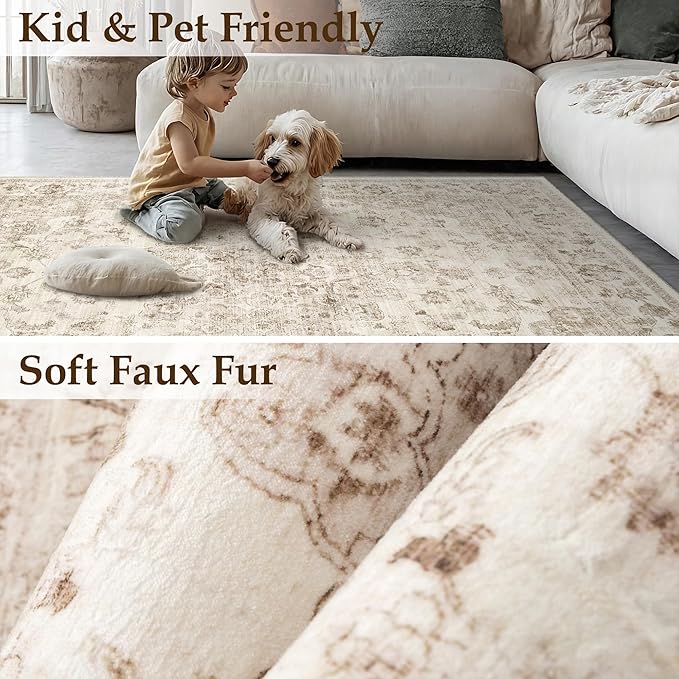 8x10 Washable Neutral Area Rug Beige Vintage Living Room Bedroom Carpet Non-Slip Soft Medium Pile Floral Indoor Large Throw Rug for Dining Room Office