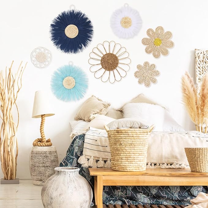 Chunful 7 Pcs Boho Wall Basket Decor Rattan Flower Wall Decor Nursery Daisy Flower Woven Macrame Hanging Flowers for Baby Kids Girls Farmhouse Bedrooms Living Rooms Kitchen Home(Blue)