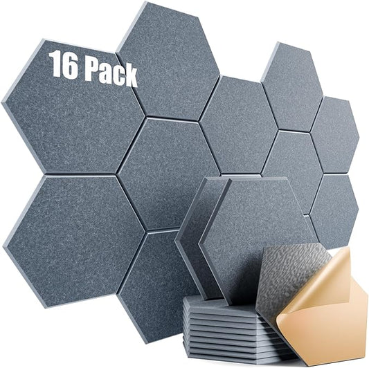 16 Pack Self-Adhesive Acoustic Panels 12" X 10" X 0.4" - Sound Proof Foam Panels for Wall with High Density, Hexagon Design, Flame Resistant, Absorb Noise and Eliminate Echoes(Gray)