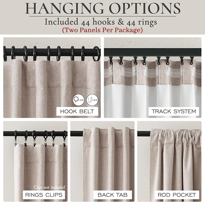 Extra Wide 70 Inch Blackout Curtains 96 Inches Long for Living Room, Rustic Boho Room Darkening Textured Linen Pleated Dining Room Insulated Ceiling Track Window Drapes 70"W x 96"L 2 Panels