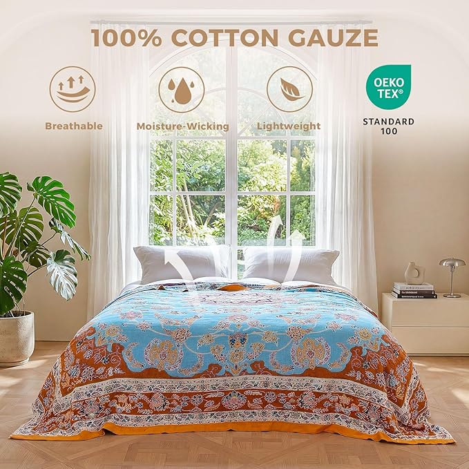 LUTBM Boho Throw Blanket for Couch Sofa Chair Cotton Spring Blankets for Bedroom Living Room All Season Lightweight Reversible Floral Embroidery Decorative Throws 50"x60"