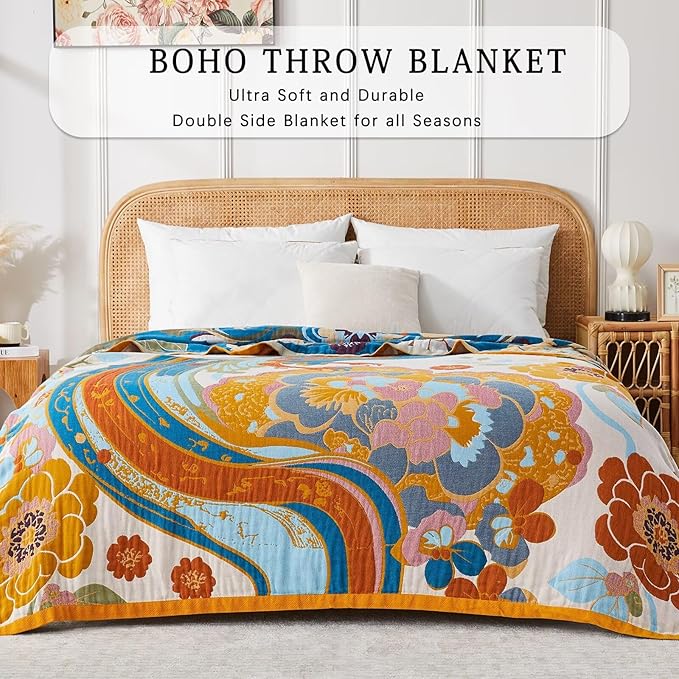 Boho Blanket Soft Muslin BohoThrow Blanket, 100% Cotton Floral Printed Farmhouse Decor All Season Reversible Rustic Throw for Sofa Couch Chair (60"x80")