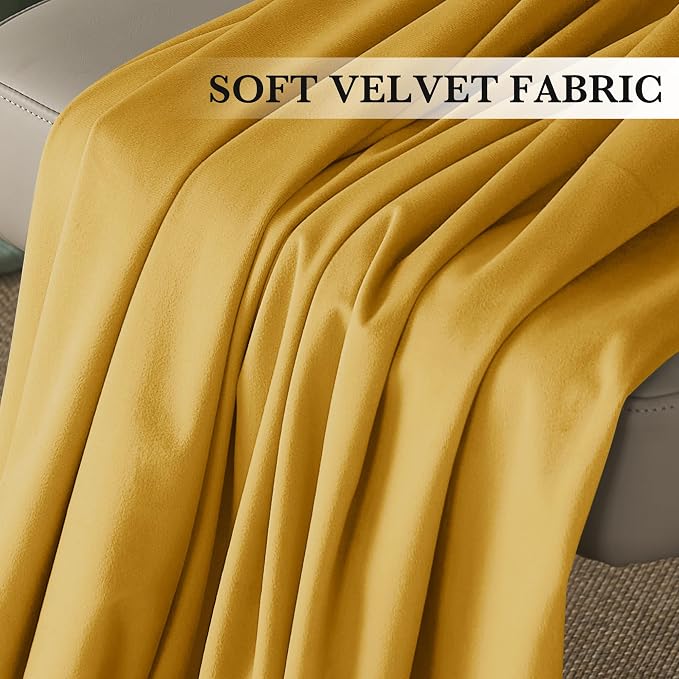 RYB HOME Mustard Yellow Velvet Curtains 84 inches, Back Tab Soft Fabric Room Darkening Thermal Insulated Luxurious Home Decor Curtains for Living Room Bedroom, W 52" x L 84", 2 Panels Set