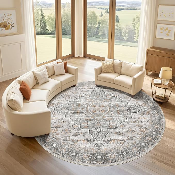 Round Rug Living Room Rugs: 7x7 Washable Boho Neutral Large Circle Soft Indoor Floral Stain Resistant Floor Farmhouse Carpet for Bedroom Nursery Kids Playroom Office Dining Room- Taupe