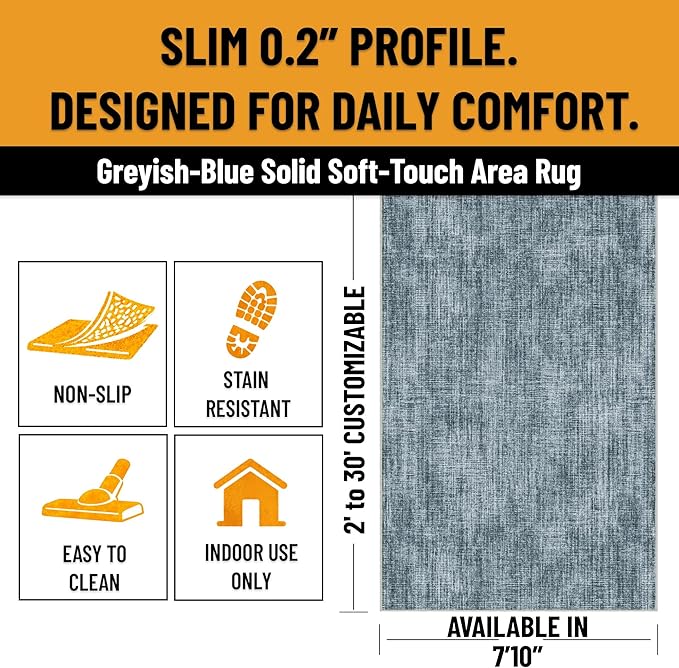 Ottomanson Living Room Area Rug 7'10" x 8' – Non-Slip Soft Rug, Easy to Clean Low Pile Carpet for Bedroom, Dining Room or Office, Solid Greyish Blue