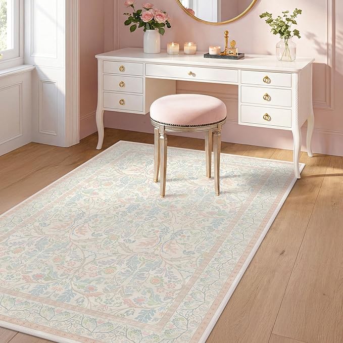 Cottagecore Floral 4x6 Pink and Blue Girls Vanity Rug - Washable Indoor Rugs for Bedroom, Entryway, Kitchen, Pastel Pink Reading Rug for Classroom, Nuresry, Non Skid & Low Pile Soft Carpet