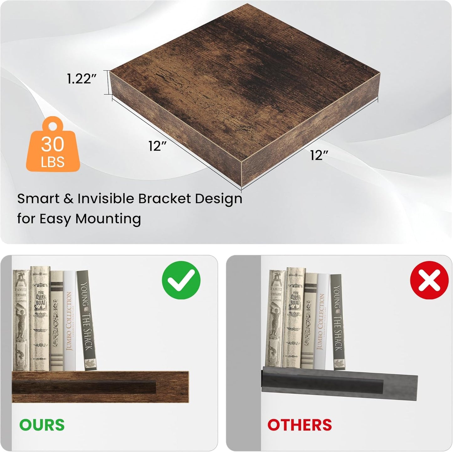 Square Floating Shelves for Wall, 12"W x 12"D x 1.2"H, Small Wooden Wall Mounted Display Shelf with Invisible Brackets for Living Room, Bedroom, Bathroom, Kitchen Decor, Set of 3, Rustic Brown