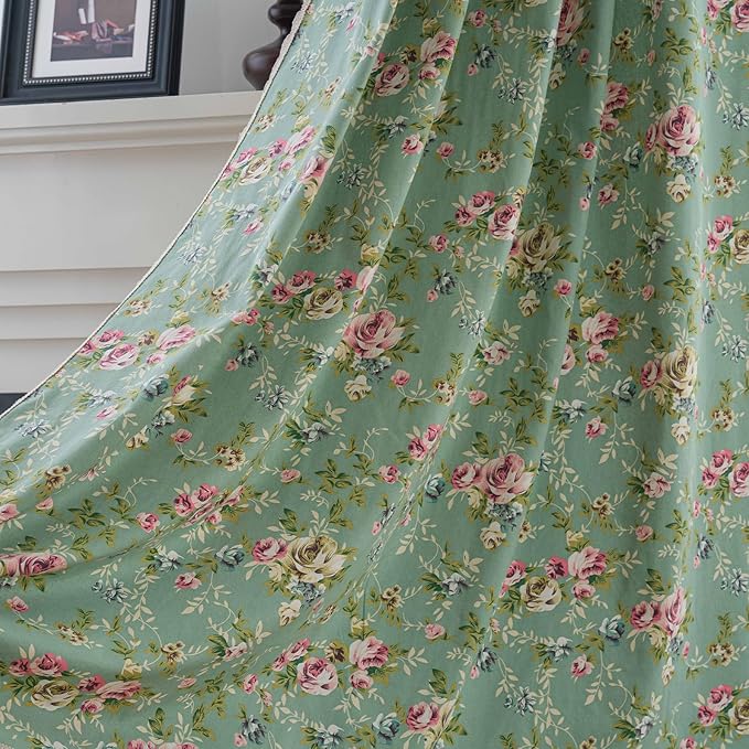 OYX Floral 84 Inch Curtains for Living Room Green Drapes Bedroom Semi Sheer Rod Pocket Floor Length Window Curtains 2 Panel Sets Boho Farmhouse Vintage Light Filtering Window Treatments