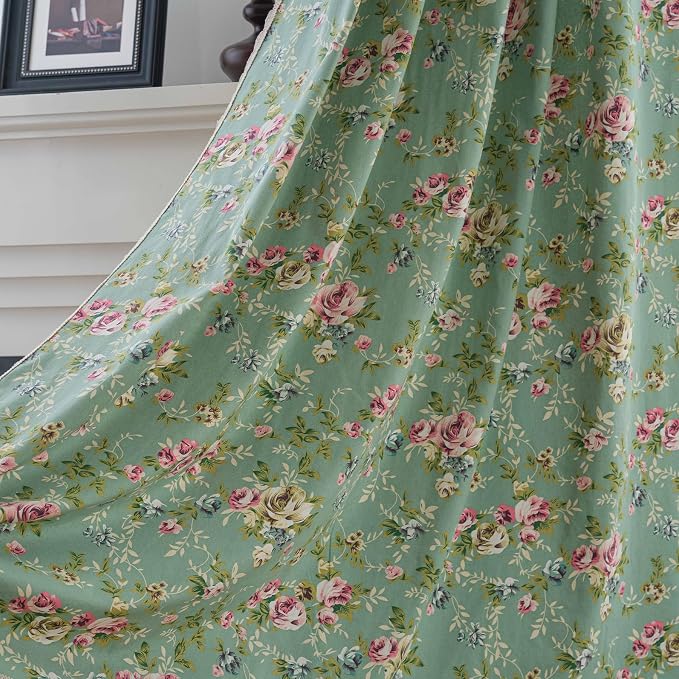 OYX Floral 96 Inch Curtains for Living Room Green Drapes Bedroom Semi Sheer Rod Pocket Long Window Curtains 2 Panel Sets Boho Farmhouse Vintage Light Filtering Window Treatments