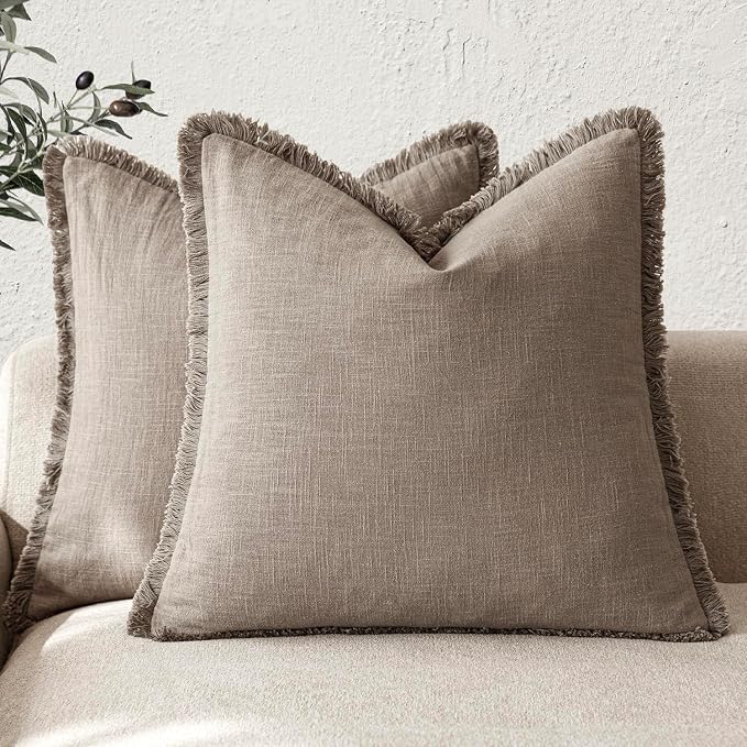 Foindtower Set of 2 Decorative Linen Fringe Throw Pillow Covers Boho Farmhouse Cushion Cover with Tassels Accent Pillowcase for Couch Chair Sofa Bed Living Room Home Decor,22×22 Inch,Brown Tan