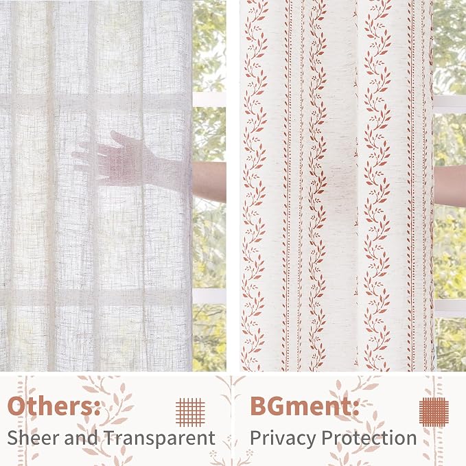 BGment Short Terracotta Boho Curtains Leaf Floral Print Cottage Core Botanical Curtains for Living Room Light Filtering Curtain 54 Inch Long for Farmhouse Rustic, Each 52 Inch Wide, 2 Panels Set