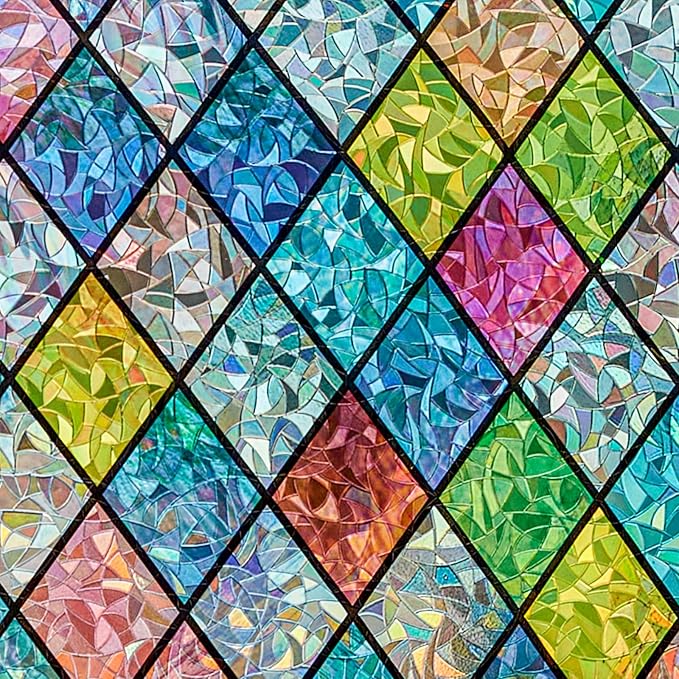 Sunbaby Window Privacy Film Stained Glass Decorative Rainbow Window Cling 3D Static Clings Colorful for Home Decoration, Anti-UV & Heat Control Non-Adhesive (35.4"x78.7")