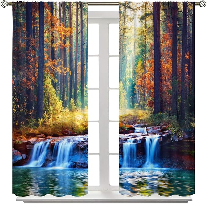 Natural Forest Blackout Curtains for Kitchen,Vintage Rustic Primitive Maple Forest Waterfall River Landscape Window Drapes Print for Boys Girls Bedroom Living Room 42x54in