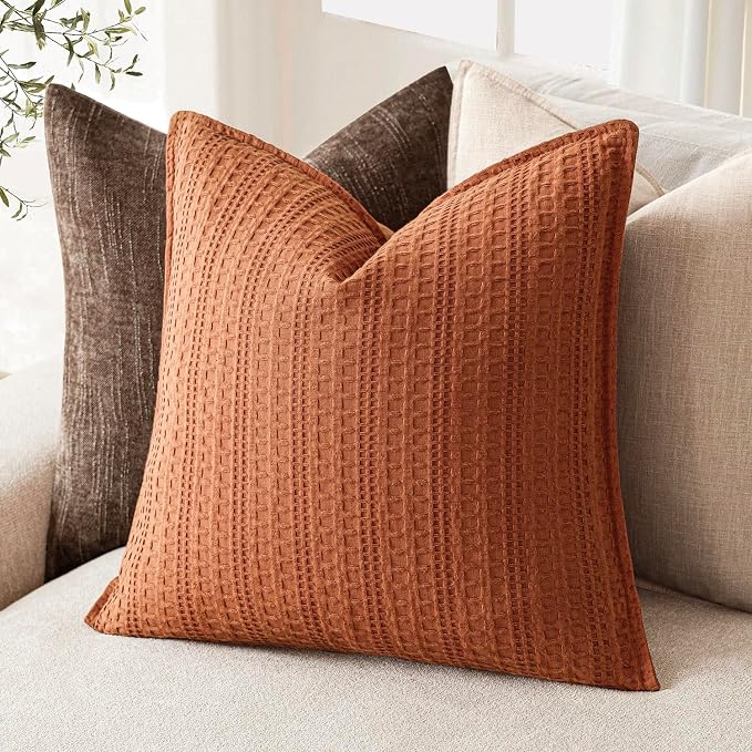 Foindtower Set of 2 Decorative Cotton Waffle Weave Throw Pillow Covers Euro Shams Cushion Covers Accent European Pillowcase for Bed Couch Sofa Bedroom Living Room Home Decor 24×24 Inch Burnt Orange