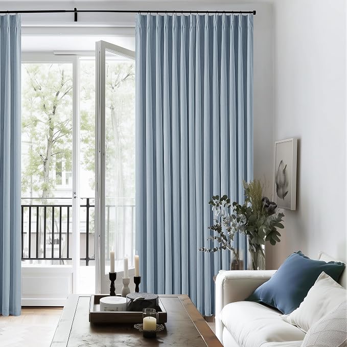 Dusty Blue Pleated Linen Blackout Curtains 102 Inches Long for Bedroom Living Room Pinch Pleat Black Out Thermal Insulated Ring Hooks Room Darkening Drapes Light Blue Curtains with Liner 40x102