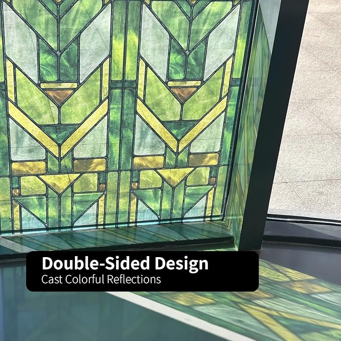 Faux Stained Glass Effect Transparent Window Film, Original Hand Drawn Static Cling Home Decal Inspired by Frank Lloyd Wright, 16.93" x84.65" Martin House, Green