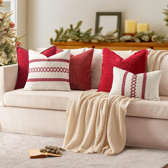 MIULEE Pack of 2 Pillow Covers 18x18 Inch Red Farmhouse Decorative Throw Pillow Covers with Stitched Edge Soft Chenille Solid Dyed Couch Pillow Covers for Sofa Bed Living Room