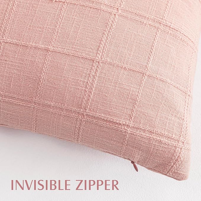 Foindtower Set of 2 Decorative Linen Check Throw Pillow Covers Neutral Farmhouse Lumbar Cushion Covers Modern Boho Accent Home Decor for Sofa Chair Couch Bedroom Living Room,12×24 Inch,Light Pink