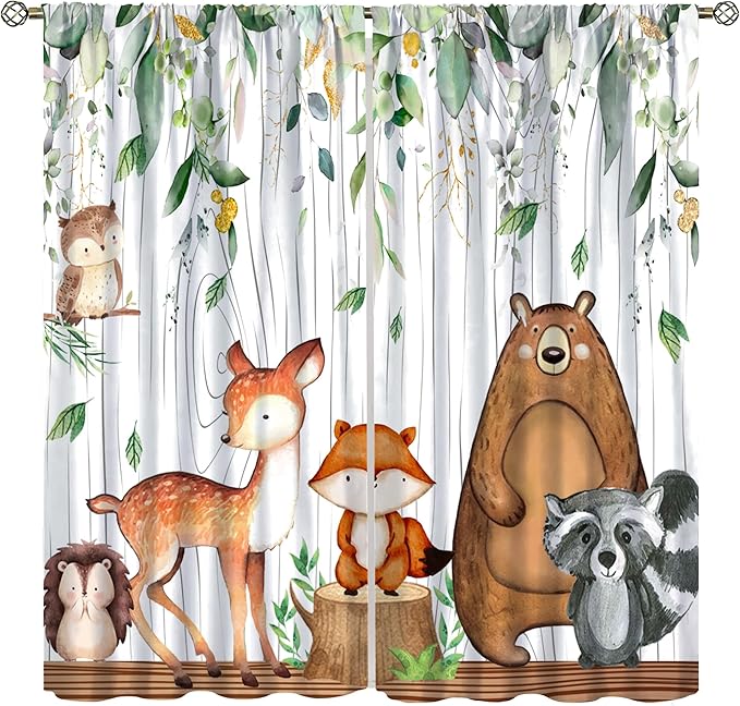 Forest Animal Curtains, Watercolor Wild Animal Bear Fox Deer Kids Window Treatments for Living Room Bedroom,Green Woodland Tree Kids Drapes 2 Panel Sets,72x63 Inch