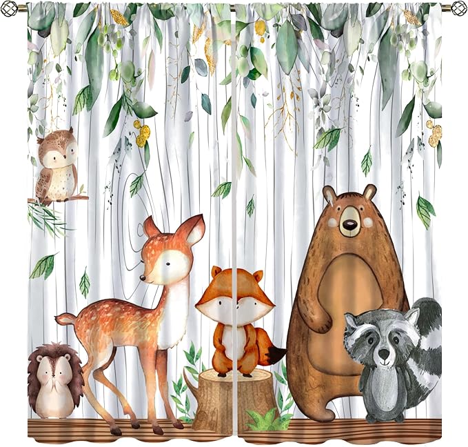 Forest Animal Curtains, Watercolor Wild Animal Bear Fox Deer Kids Window Treatments for Living Room Bedroom,Green Woodland Tree Kids Drapes 2 Panel Sets,63x63 Inch