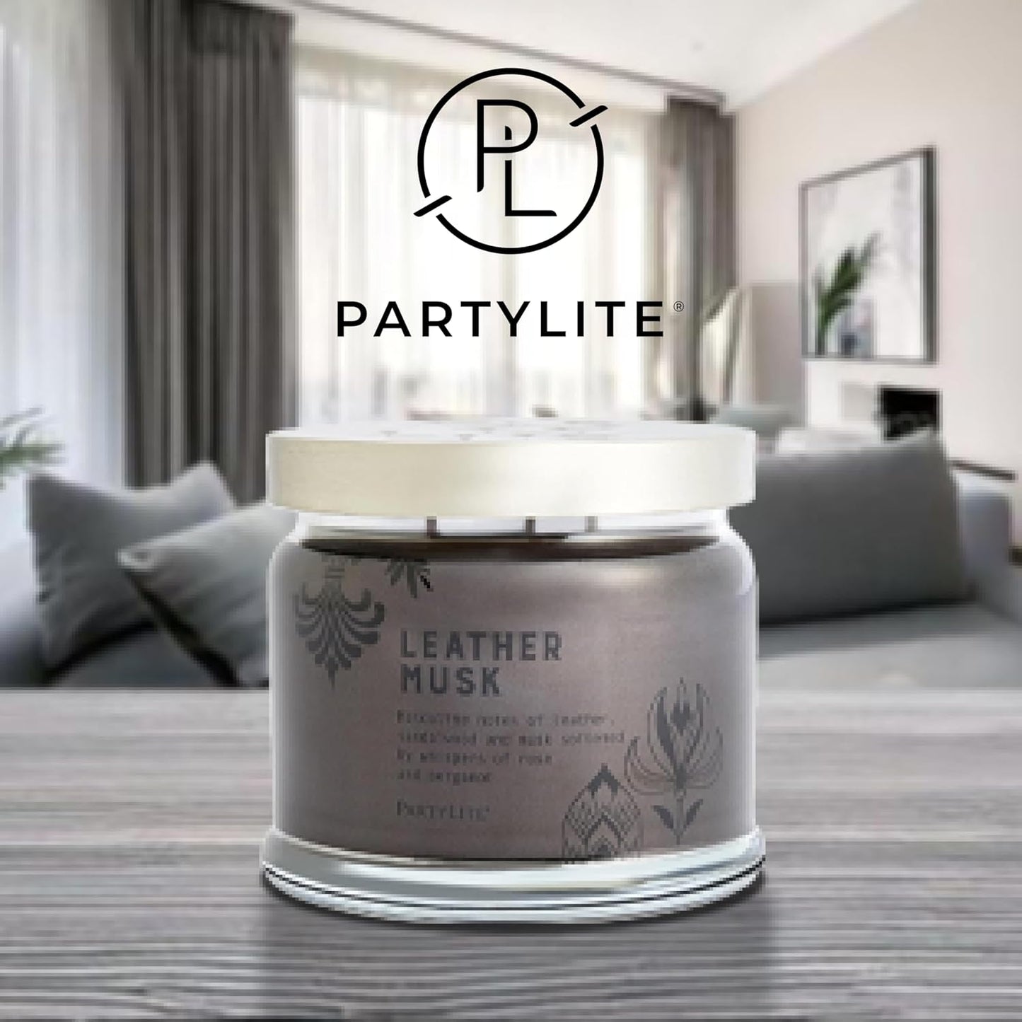 PartyLite 3-Wick Jar Candle, Highly Fragranced Clean Burning Glass Candle, 25-45 Hours Burn Time (Leather Musk)