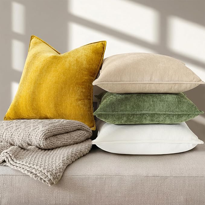 decorUhome Fall Couch Euro Sham Throw Pillow Covers 24x24 Set of 2, Decorative Soft Velvet Modern Cozy Chenille Pillow Cases with Elegant Design for Sofa Bed Living Room Home Decor, Mineral Yellow