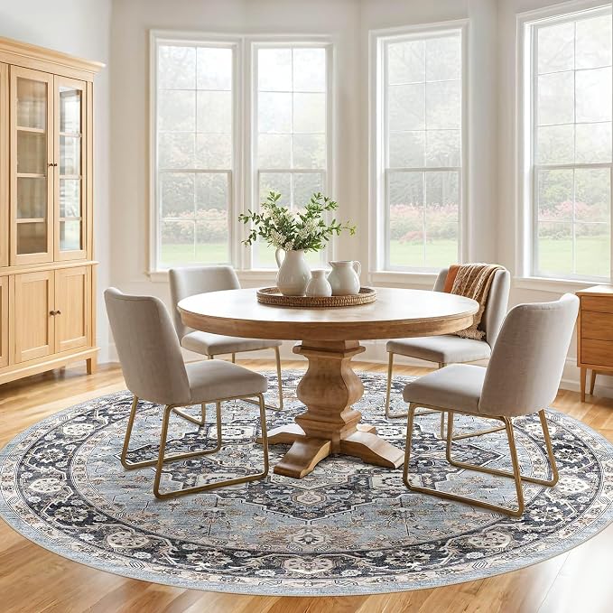 Round Rug Living Room Rugs: 8x8 Washable Boho Neutral Large Circle Soft Indoor Distressed Stain Resistant Floor Farmhouse Carpet for Bedroom Nursery Kids Playroom Office Dining Room Dorm- Blue Tan