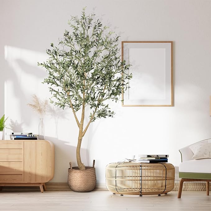 Realead 8ft Faux Olive Tree, Large Realistic Olive Trees Artificial Indoor, Tall Fake Olive Tree with Natural Wood Trunk and Lifelike Fruits for Home Office Decor