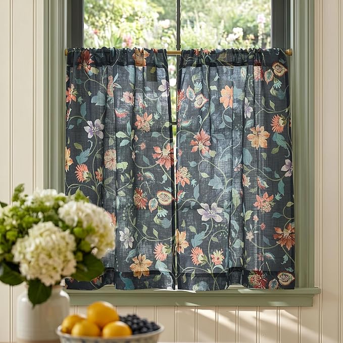 jinchan Hattie Floral Linen Kitchen Curtains 24 Inch Length Vintage Cottage Core Farmhouse Cafe Curtains Light Filtering Small Window Drapes for Living Room Bathroom Rod Pocket 2 Panels Dark Blue
