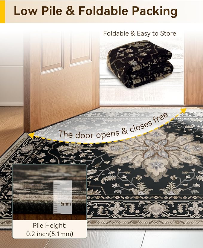 RELEANY Area Rugs Small 2'6"x4' Washable Non-Slip, Floral Vintage Distress Medallion Carpet for Kitchen Entryway Bathroom, Black Brown Neutral Dark Tan