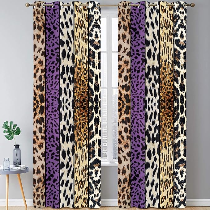 Wild Animal Print Curtain, Room Darkening Thermal Insulated Blackout Leopard Boa Window Drapes with Grommets for Living, Dining, Bedroom, Purple Leopard Print, 52"x 96", 2 Panels