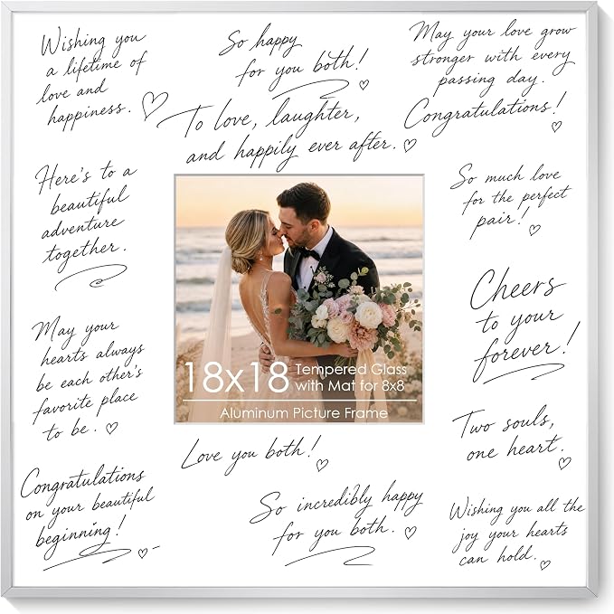 Signature Picture Frame 18x18, Aluminum Signable Frame with Glass, Silver | Sleek Silver Signable Frame with 8x8 for Wedding, Graduation, Birthday & Baby Shower Guest Book| Real Glass & Wall Kit