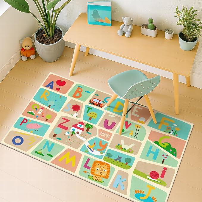 3x5 Alphabet Rug for Kids - Soft ABC Area Rug for Toddlers, Kids Learning, Preschool Educational Nursery Rug for Crawling, Reading Nook or Small Playroom – Cute Pastel Beige and Blue Letters Décor