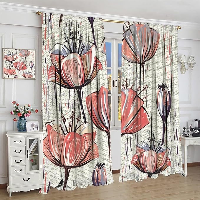 Black Blackout Curtains with Floral Patterns, Vintage Watercolor Red Floral Curtains for The Bedroom, and Heat-Insulating Curtains for The Living Room55X63 Inch