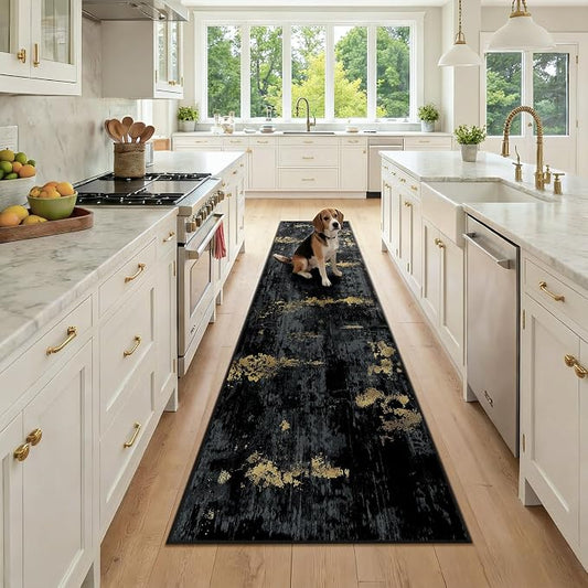 RELEANY Washable Area Rugs 2x9 Non-Slip Modern Abstract Soft for Living Room Entryway Bedroom Kitchen, Print Pattern, Dark Black Gold