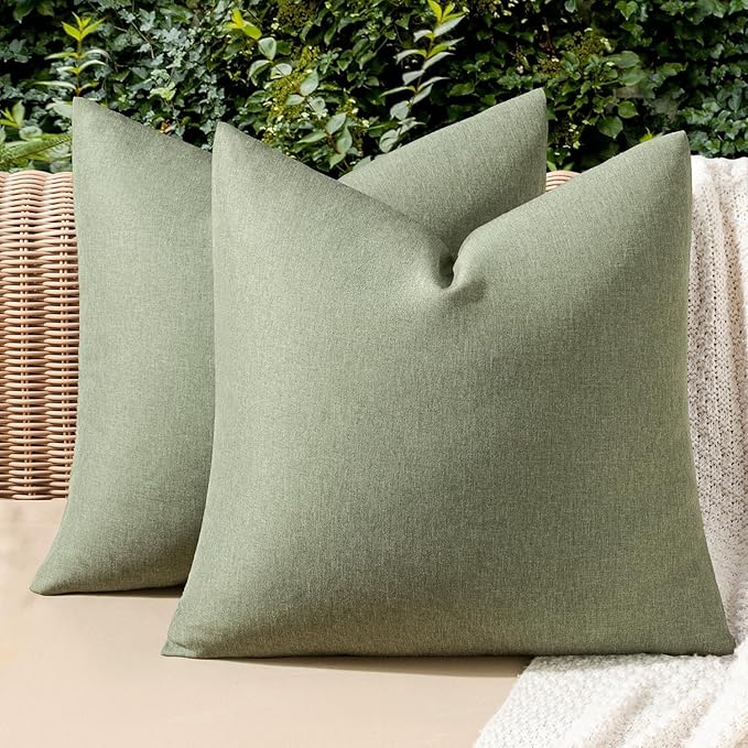 MIULEE Pack of 2 Decorative Outdoor Solid Waterproof Throw Pillow Covers Spring Faux Linen Garden Farmhouse Cushion Cases for Patio Tent Balcony Couch Sofa 20x20 Inch Gray Green