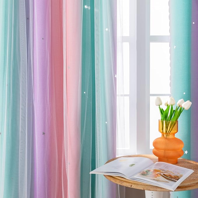 XiDi Curtains for Bedroom Decor, RainbowPink Purple Green 42/84/1