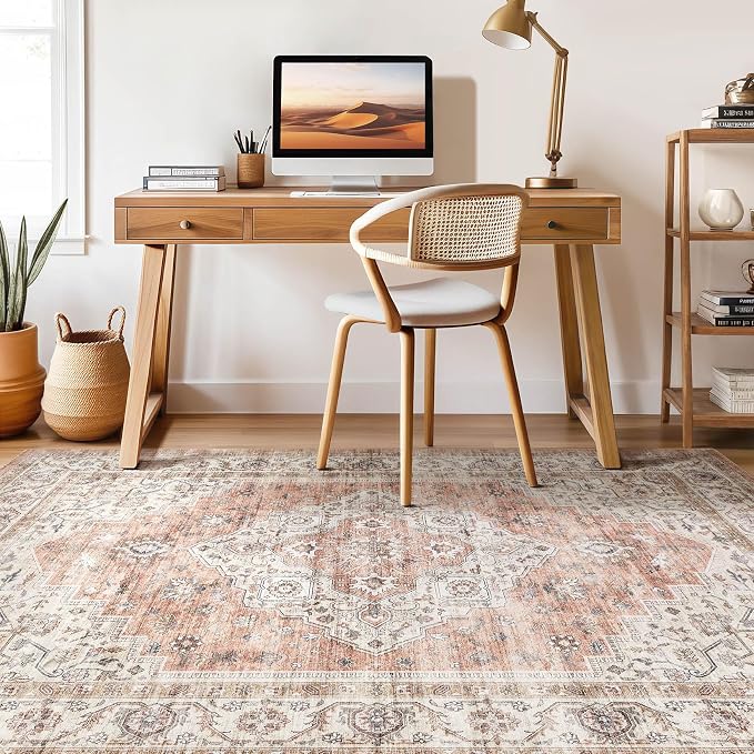 7x9 Area Rug Living Room: Washable Boho Large Neutral Vintage Soft Rug Stain Resistant Farmhouse Non-Slip Indoor Floor Retro Carpet for Bedroom Nursery Kids Office Dining Room- Pink Brown