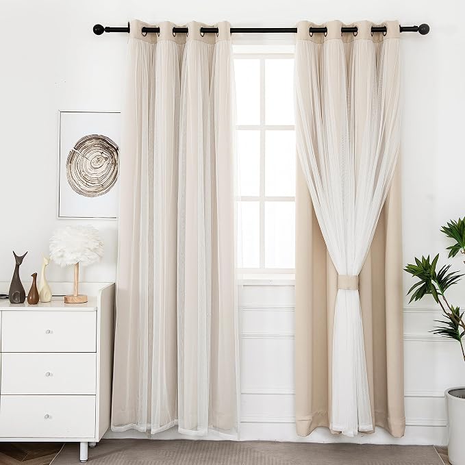 INLINAS Beige Blackout Curtains with Sheer Overlay - Grommet Top Thermal and Noise Reduction Panels for Bedroom and Living Room Light Blocking and Energy Saving, 52 x 72 Inches, Set of 2