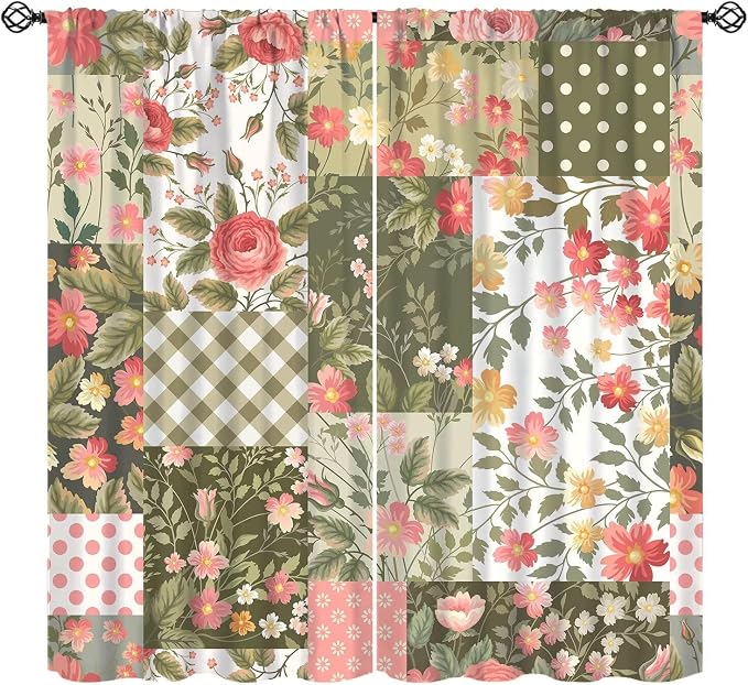 Boho Floral Patchwork Blackout Curtains Vintage Bohemian Floral Colorful Spring Wild Flower Retro Print Window Drapes for Bedroom Living Room Kitchen Cafe （W21xL54 Inch） x2 Panels
